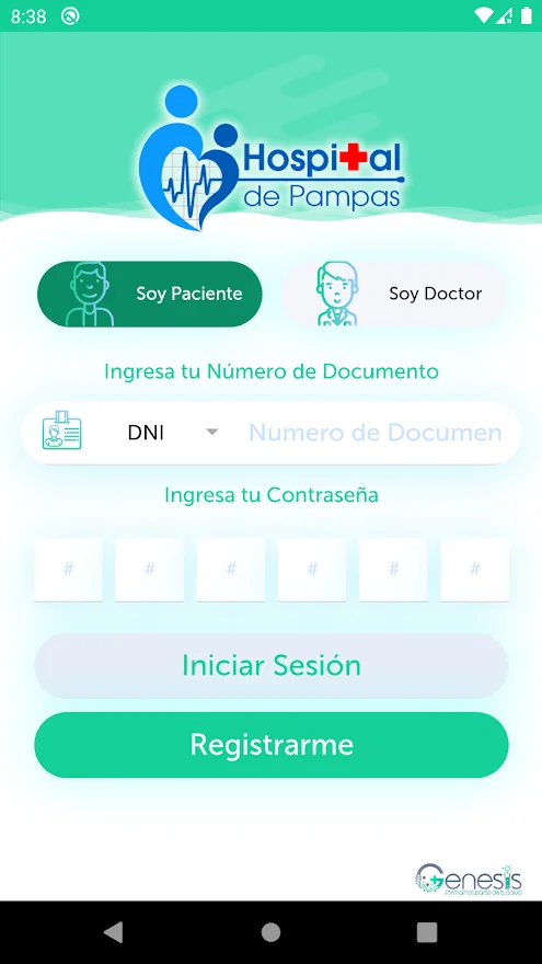Three Genesis Citas screens: sign-in, appointment created and the doctor's slots (1/4)