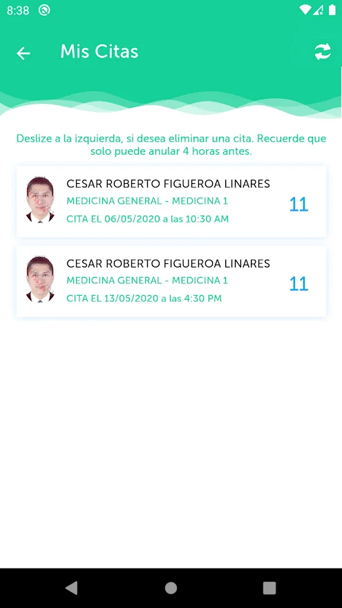 Three Genesis Citas screens: sign-in, appointment created and the doctor's slots (3/4)