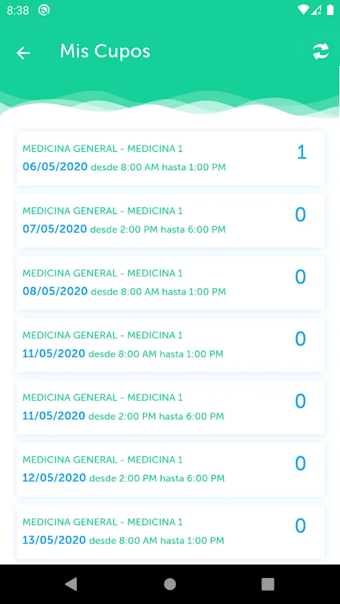 Three Genesis Citas screens: sign-in, appointment created and the doctor's slots (4/4)