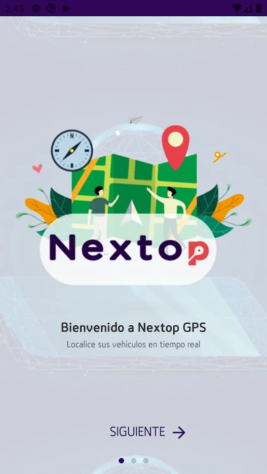 Tres pantallas de la app Nextop GPS: bienvenida, mapa con unidades y menú de usuario (1/4)