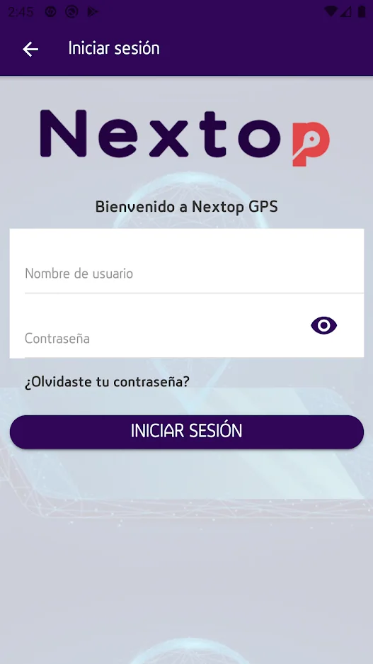 Tres pantallas de la app Nextop GPS: bienvenida, mapa con unidades y menú de usuario (2/4)