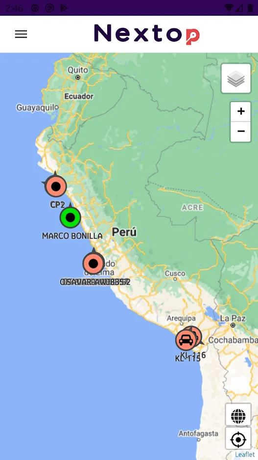 Tres pantallas de la app Nextop GPS: bienvenida, mapa con unidades y menú de usuario (3/4)