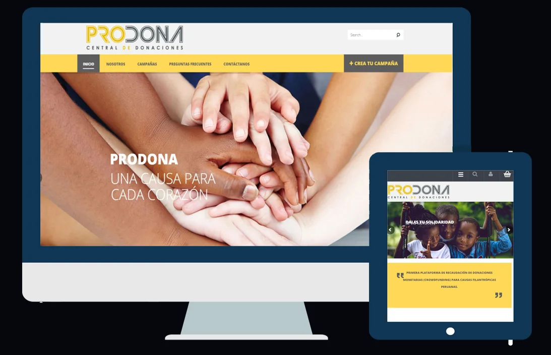 Prodona site on desktop and tablet, with the donation campaigns home page