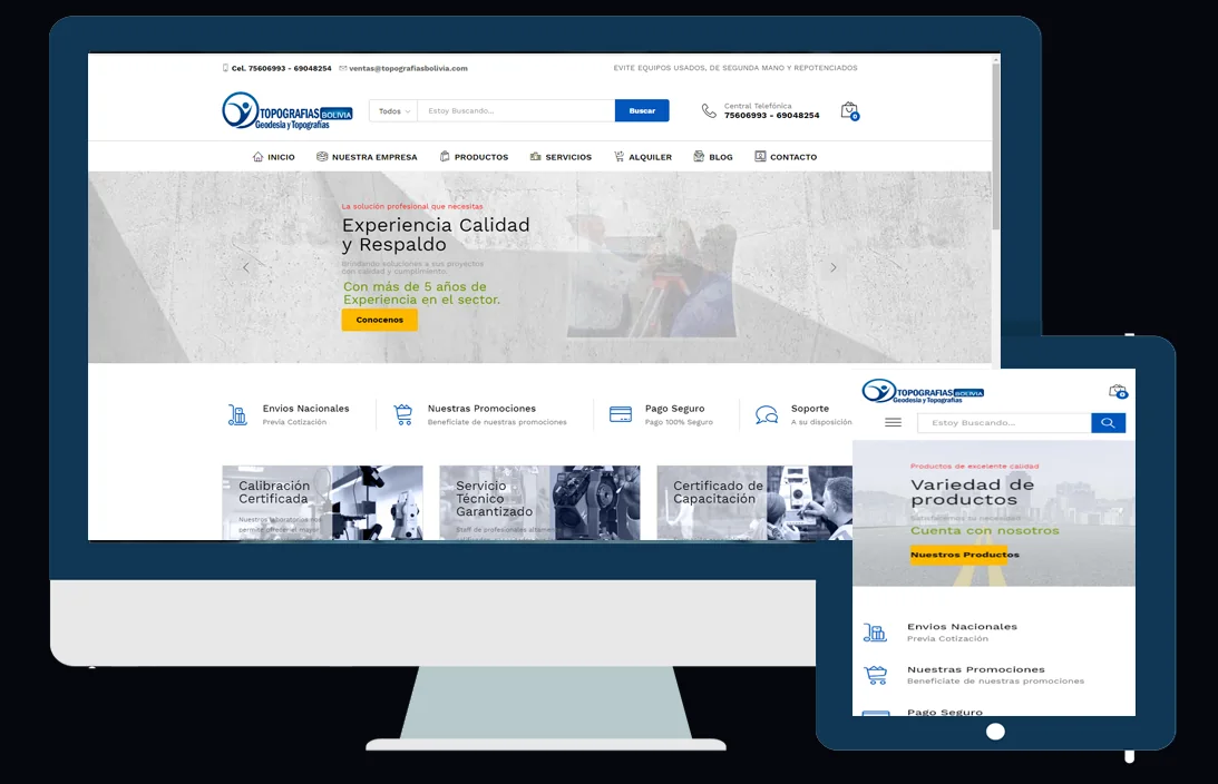 Topografías Bolivia site on desktop and tablet, with calibration services and catalog