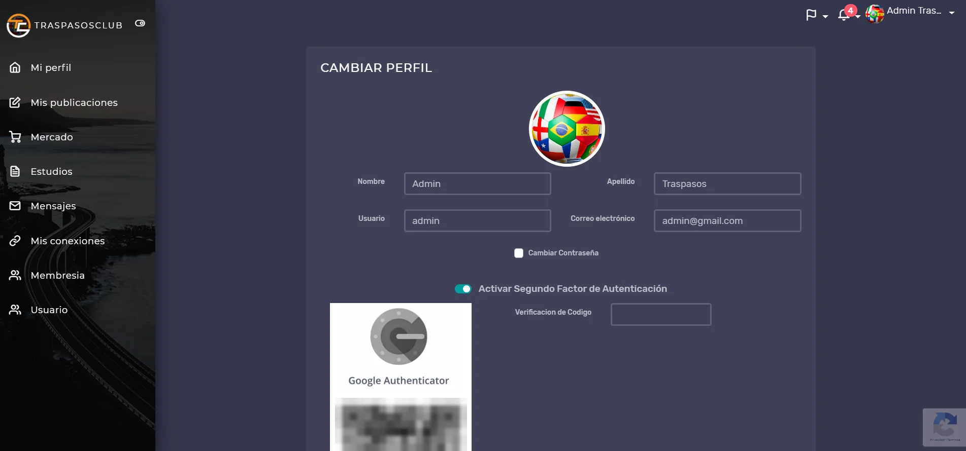 Pantalla de perfil de TraspasosClub con la activación del segundo factor de autenticación